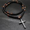 Natural Tiger Eye Volcanic Stone Beaded Rosary Necklace Alloy Cross Pendant Long Sweater Chain Unisex Religious Fashion Jewelry