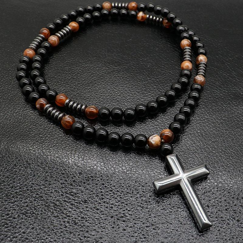 Natural Tiger Eye Volcanic Stone Beaded Rosary Necklace Alloy Cross Pendant Long Sweater Chain Unisex Religious Fashion Jewelry