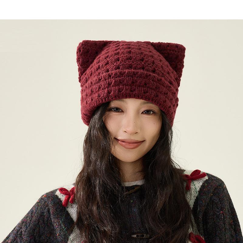 Шерстяная шапка с кошачьими ушками Осень Зима Большая голова Теплая Защита ушей Вязаная шапка