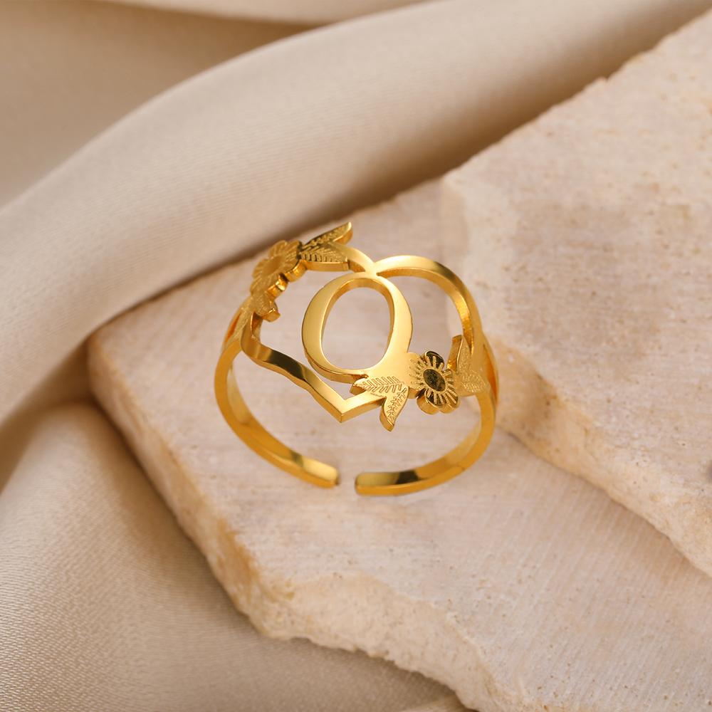 Кольца из нержавеющей стали с инициалами в виде цветка и сердца, регулируемые нежные кольца с буквами и листьями золотого цвета для женщин и девочек, ювелирные изделия с алфавитом