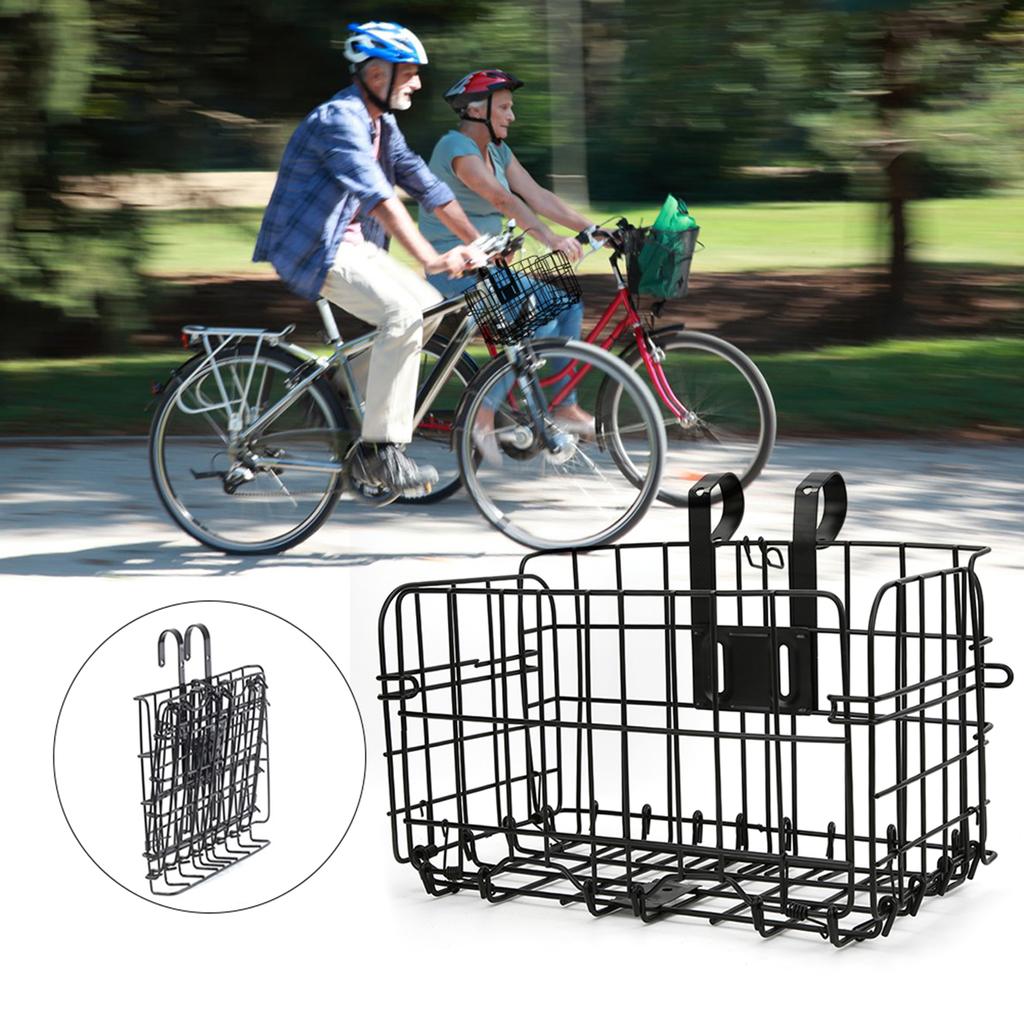 Прочная черная горная велосипедная складная передняя корзина Складная задняя подвесная проволочная сумка Велосипедный аксессуар Черный Утолщенный