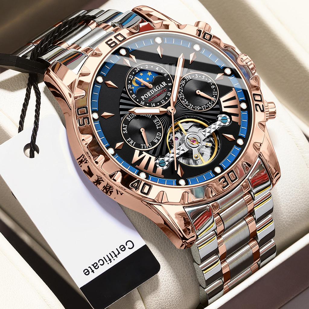 Dual Calendar Men's Fully Automatic Tourbillon Hollow Mechanical Watch Fashionable Waterproof Luminous Moon Phase Dial Men's Business Mechanical Watch