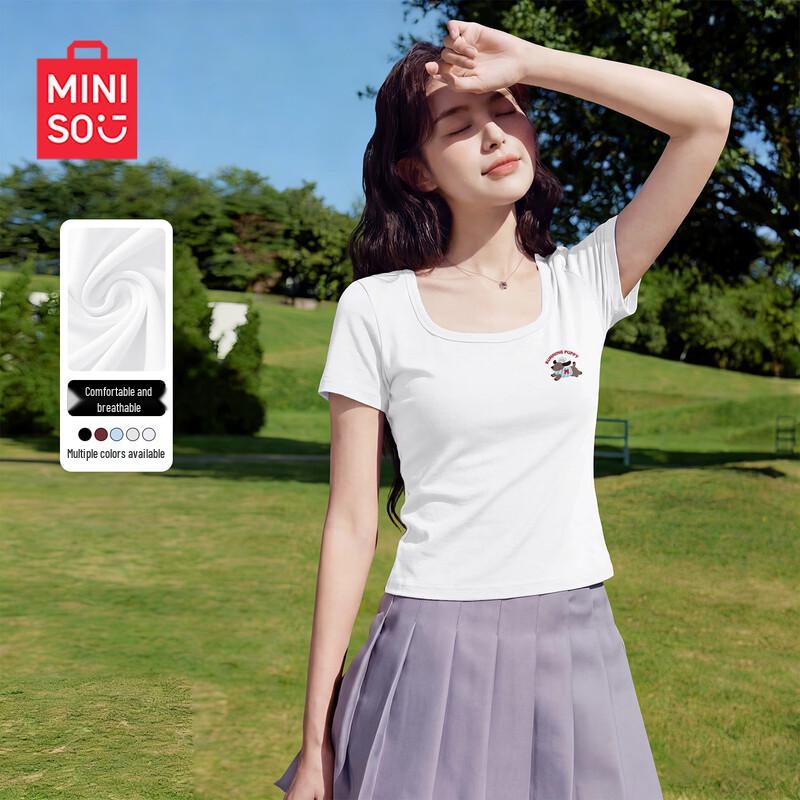 MINISO Женская приталенная футболка с коротким рукавом и квадратным вырезом