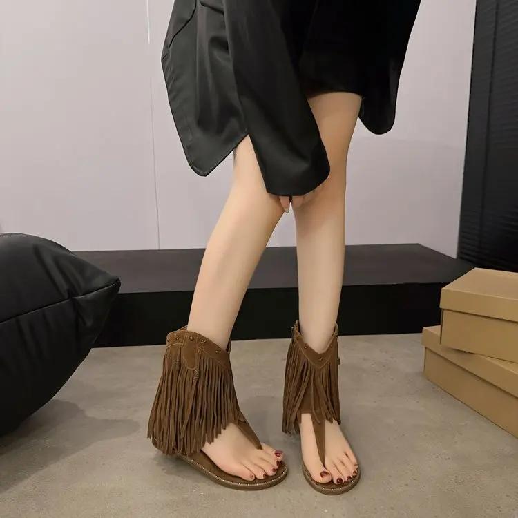 Стильные женские босоножки с открытым носком 2024 года, кожаные женские шлепанцы с бахромой, новые ковбойские сапоги в стиле вестерн, женские рыцарские сапоги в стиле ретро