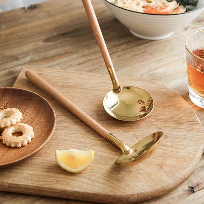 27cm Stainless Steel Cooking Spoon With Wood Long Handle Wooden Ladle Slotted Spoon with Holes for Cooking Soup Serving Spoons