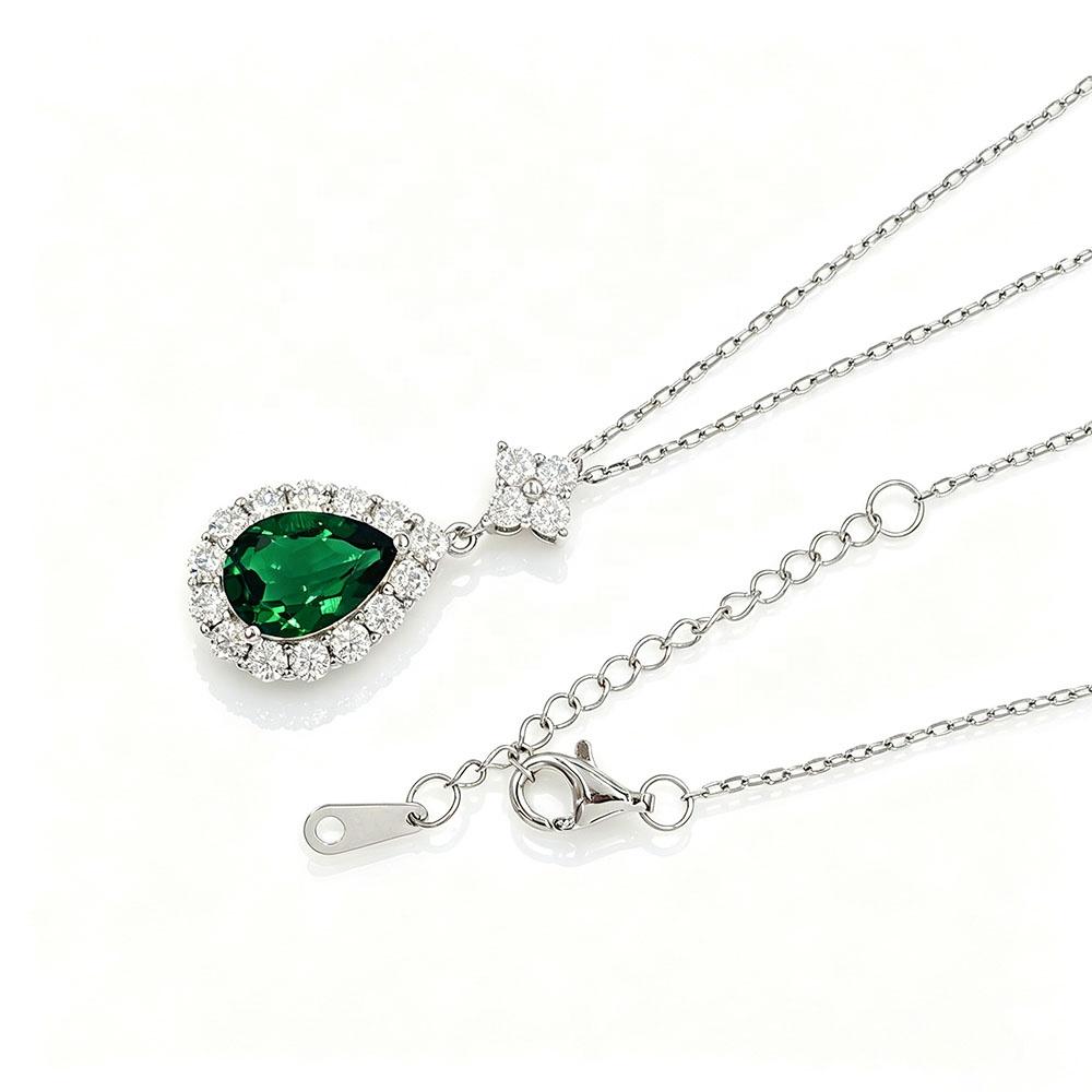 Women 925 Sterling Silver Pear Shape Lab Grown Emerald Ruby Blue Sapphire Necklace Engagement Wedding Waterdrop Pendant Jewelry