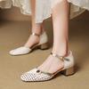Retro Woven Cutout Square Heel Baotou Sandals Women's Summer Square Toe Shallow Mouth One Buckle Strap Kitten Heels