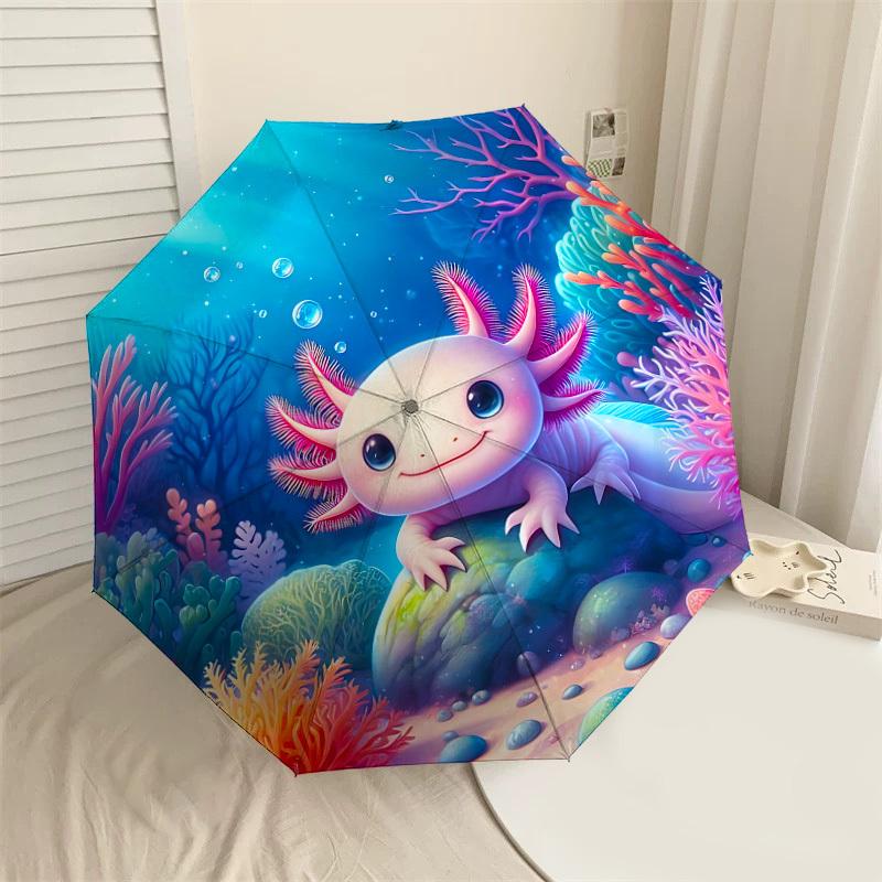 1PC Axolotl Ocean Automatic Open/Close Umbrella with Windproof, 8-Rib Sturdy Canopy, Durable Ribs, Fashionable Design, Outdoor Accessory, Fun Prin, Ho