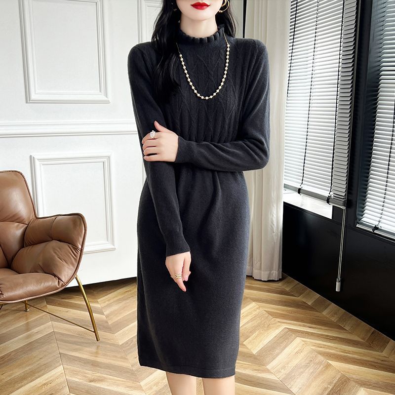 Платье-свитер миди с высоким воротником для женщин большого размера, однотонное повседневное вязаное платье с объемным вязаным свитером для осени и зимы