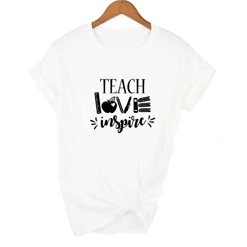 Teach Love Inspire Letter Ruler Pen Book Print Graphic Tees Women Casual Teacher T Shirt