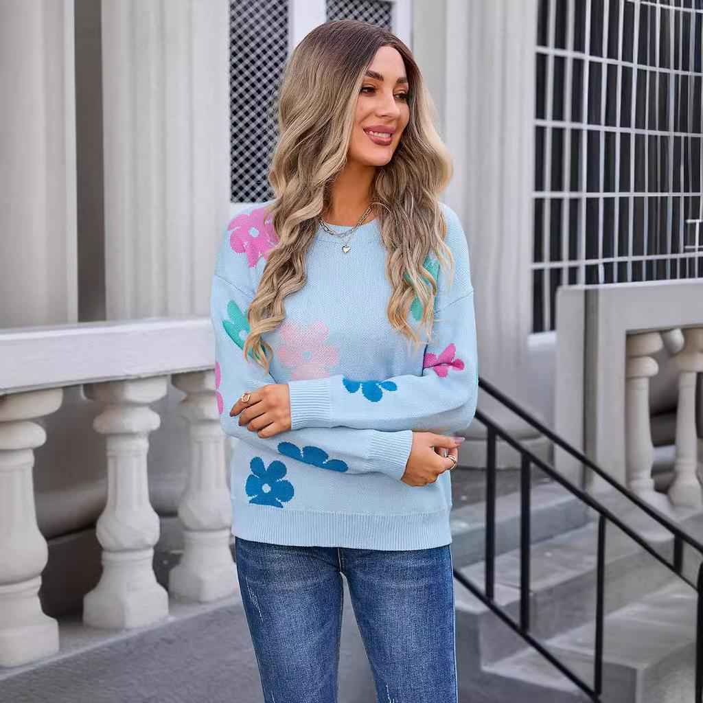 Women's Autumn and Winter Floral Colour Block Crew Neck Knitted Sweater
