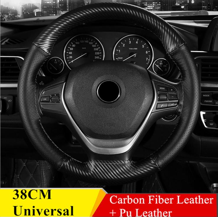 38CM Deluxe Black Carbon Fiber & Leather Car Steering Wheel Cover Trim Universal
