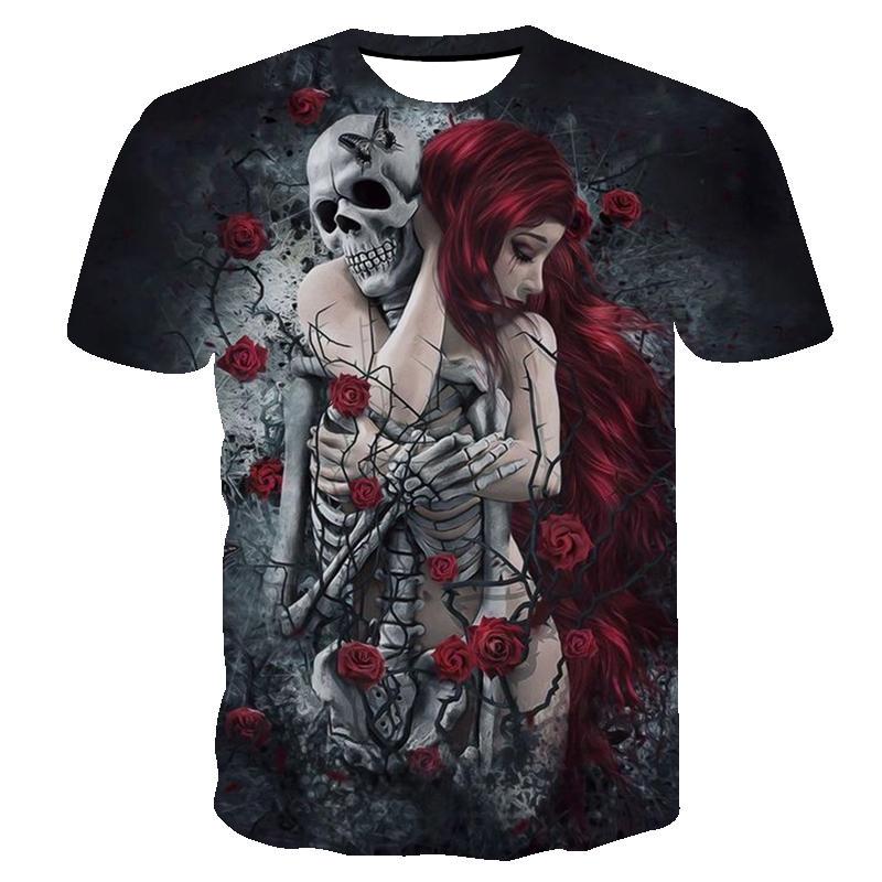 Летний топ с круглым вырезом и принтом 3D черепа и ангела, модные повседневные милые женские футболки с короткими рукавами