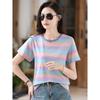 Женская летняя синяя полосатая повседневная хлопковая футболка с круглым вырезом и коротким рукавом, простые модные топы большого размера с анимированным цифровым принтом