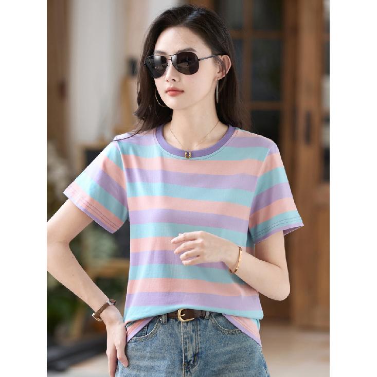 Женская летняя синяя полосатая повседневная хлопковая футболка с круглым вырезом и коротким рукавом, простые модные топы большого размера с анимированным цифровым принтом