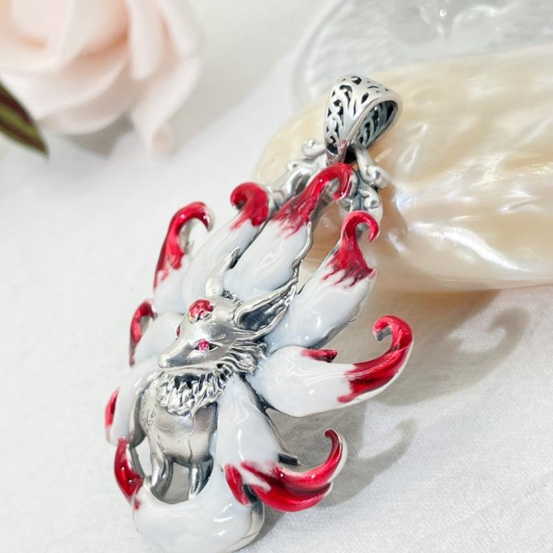 Chinese Style Nine Tailed Fox Pendant Necklace Multi Color Enamel Adorable Jewelry for Girls Sweet Date Outfit Matching Gift