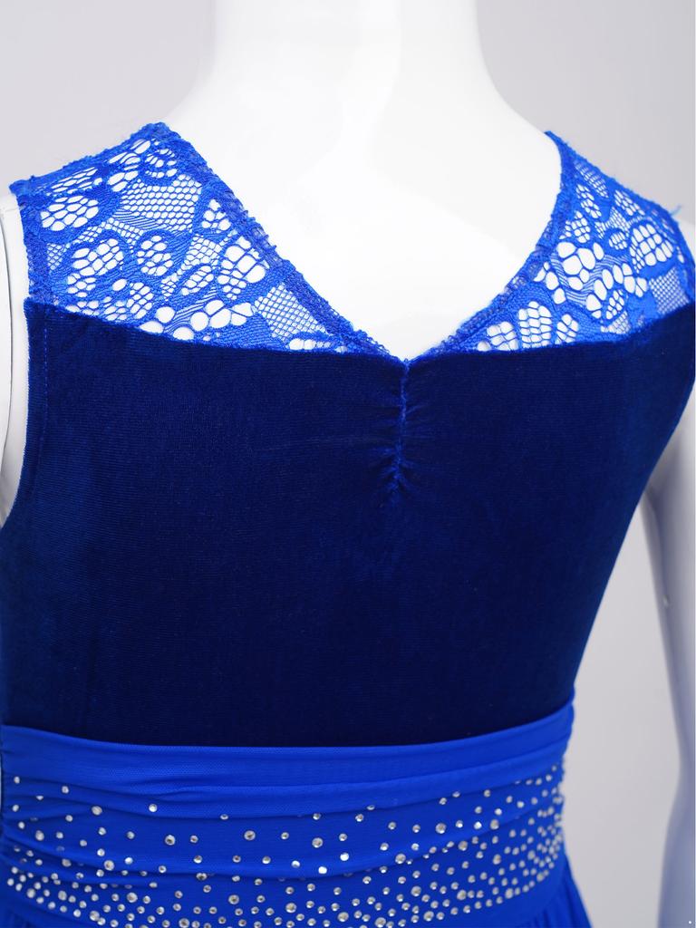 Платье для девочек с кружевной вставкой, сборчатой сетчатой накладкой, асимметричным подолом и сверкающими стразами, костюм для лирического танца