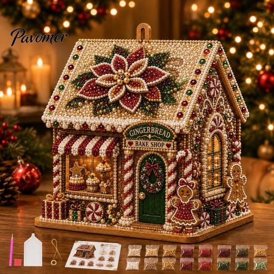 DIY Holiday Craft Set 3D House Christmas Faux Pearl Art Kit, Handmade Rhinestone Painting Kit Relaxing Activities for Adults Adults, Tabletop