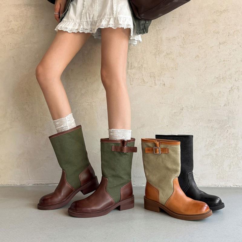 Womens Western Mid-Calf Boots Genuine Leather Patchwork Casual Fashion With Belt Buckle