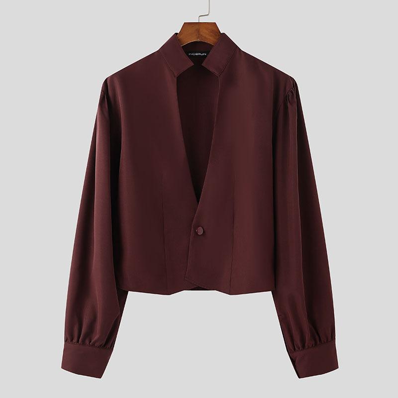 INCERUN Мужские повседневные короткие рубашки с глубоким V-образным вырезом и длинным рукавом и тонкой талией