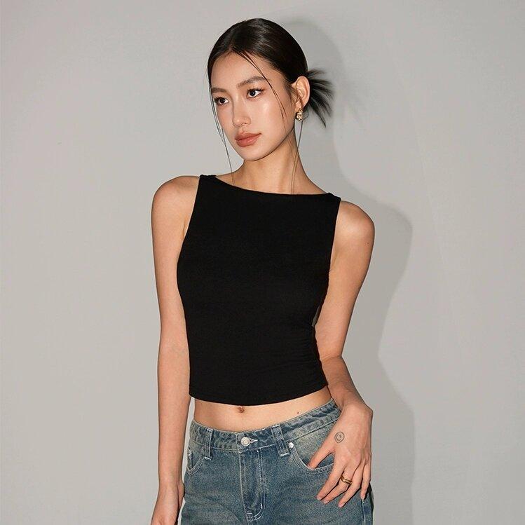 Women Double Layer Boat Neck Soft Slinky Tank Top