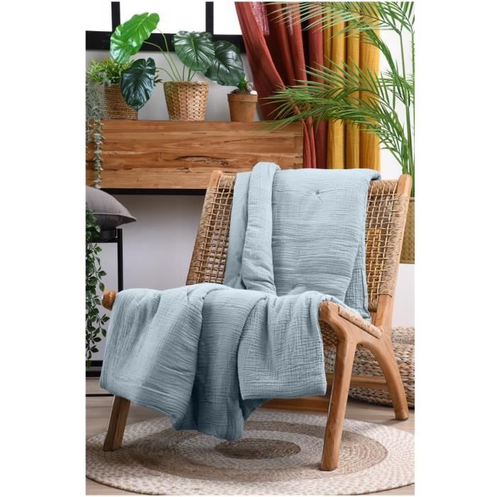 Plaid - Pop - 180 x 220 cm - Gaze de coton - Couleur bleu - Douceur et confort