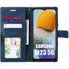 Coque Effet Cuir pour Samsung Galaxy M23 5G Anti-Rayure Stable Élégante Bleu Marine