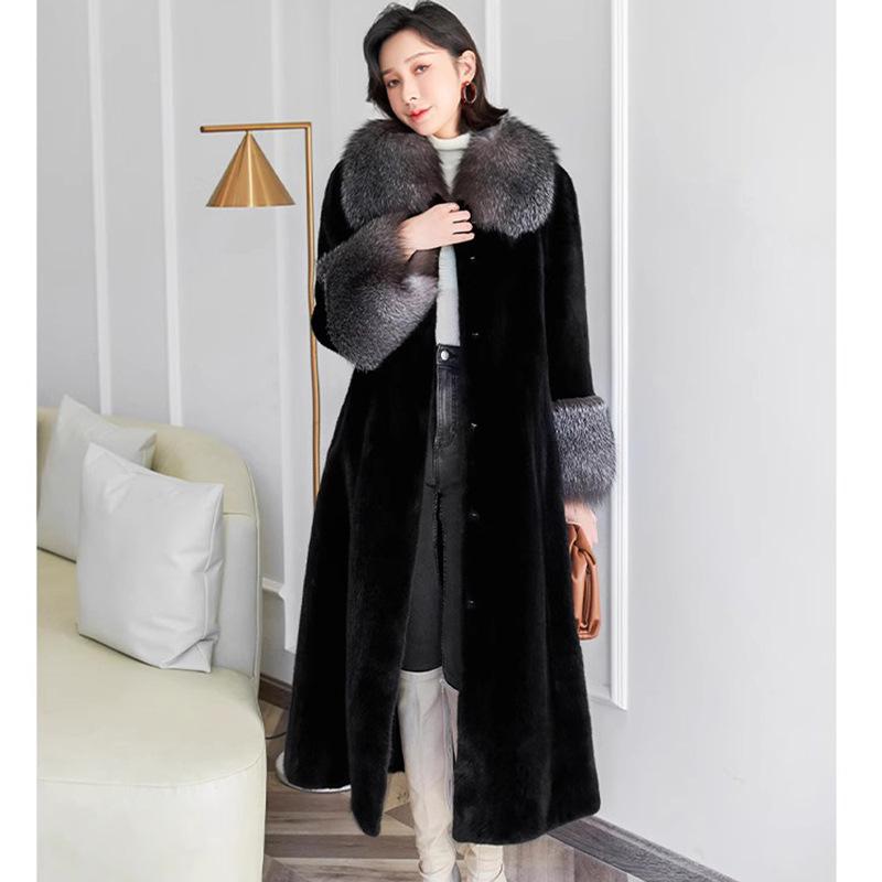 Women's New Fox Fur Collar Long Velvet Mink Coat Women's Whole Mink Fur Coat Casual and Warm