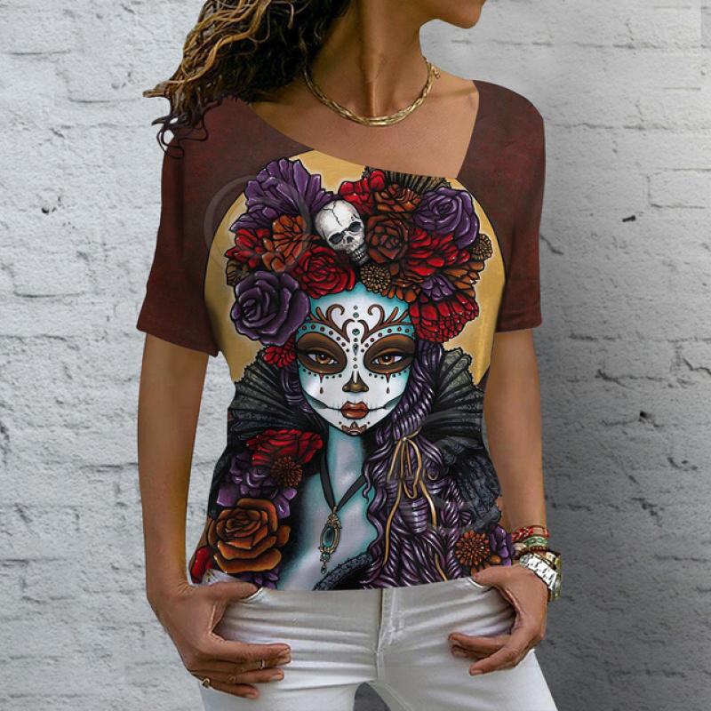 Женская футболка, винтажные блузки с v-образным вырезом и 3D принтом черепа, повседневные пуловеры с короткими рукавами, летние негабаритные футболки в стиле Харадзюку