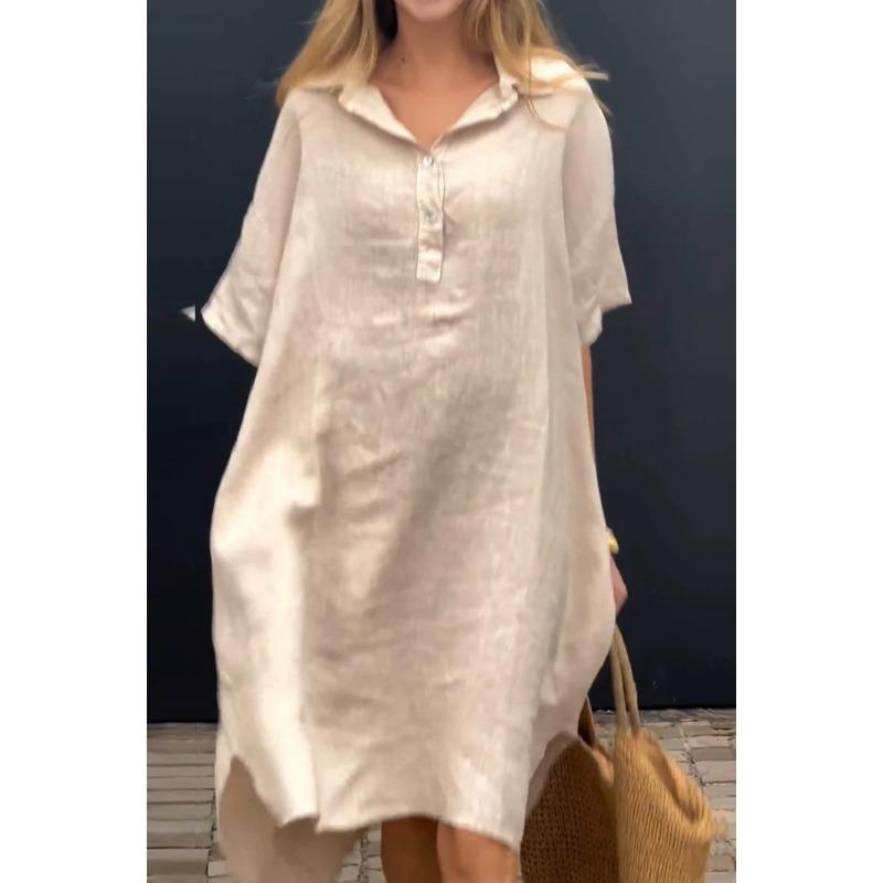 Летнее женское платье больших размеров, однотонное повседневное длинное платье на пуговицах с лацканами