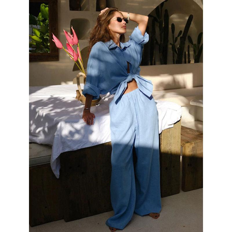 Tooxika Ladies Новый свободный комплект из хлопковой рубашки и широких брюк