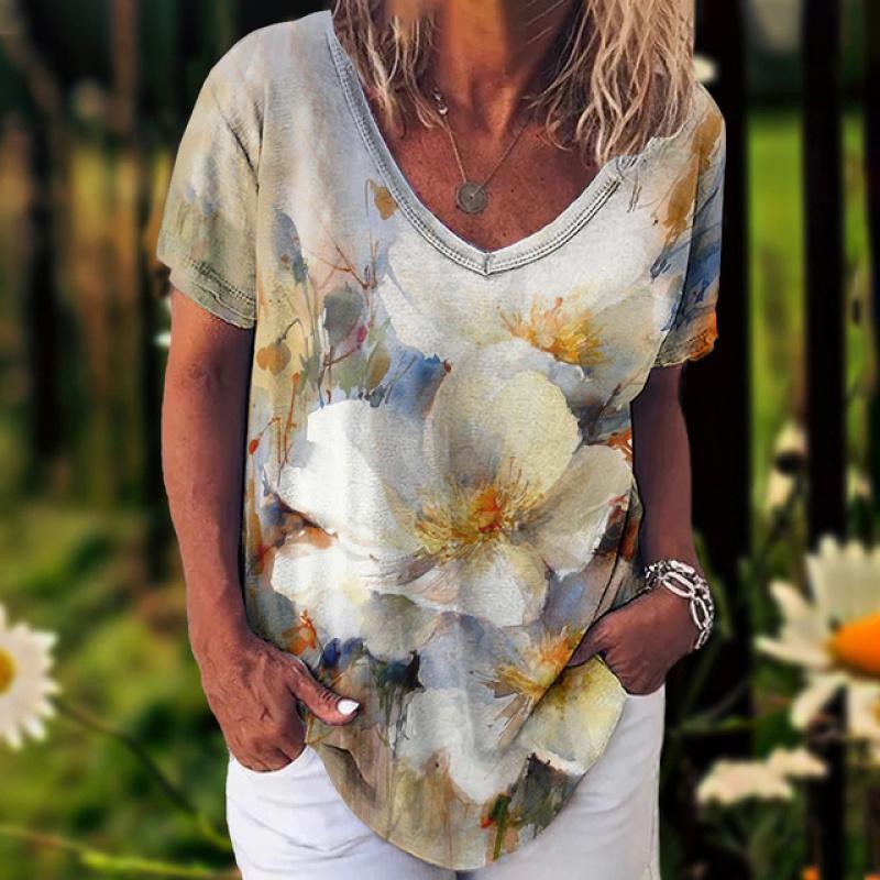 Fashion Women'S T-Shirt 3d Flowers Print Clothing V-Neck Short Sleeve Tops Summer Harajuku Ladies Pullover Oversized Female Tees