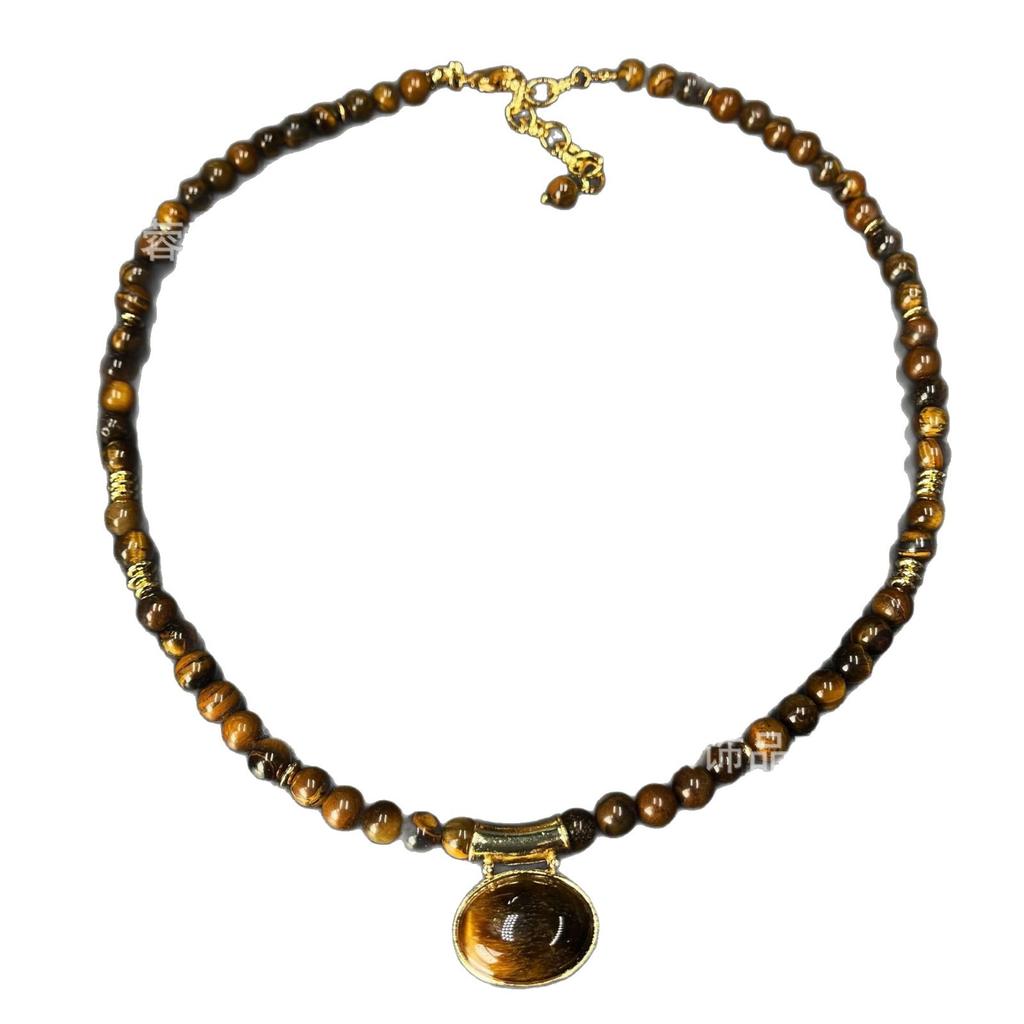 Western Region French Maillard Tiger Eye Stone Middle Aged Earstuds Vintage High End Double Sided Lock Retro Jewelry