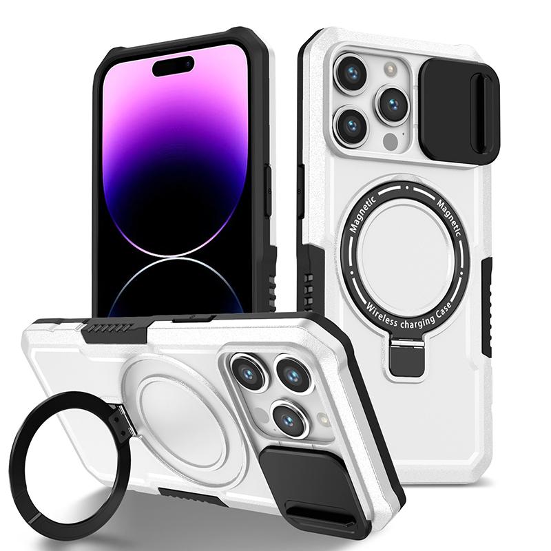 Armor Stand Holder Full Slide Cap Phone Case For IPhone 15 14 13 12 11 Pro Max Plus Magsafe Wireless Charge Magnetic Cover