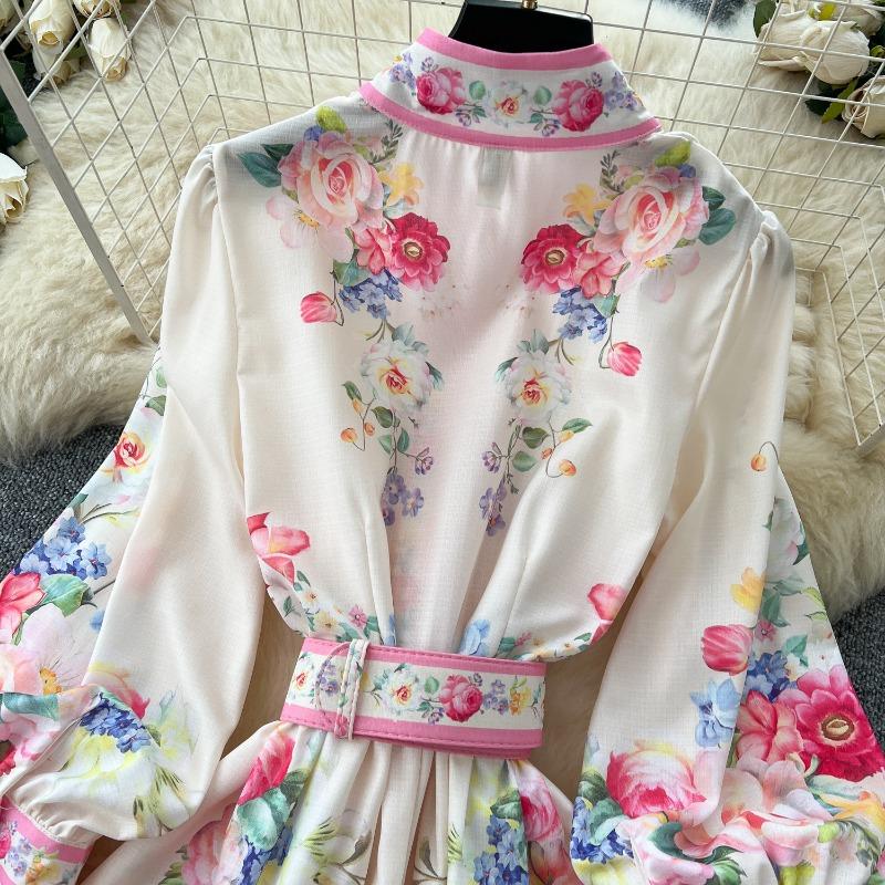 Весеннее женское платье с лацканами, рукавами-фонариками, расписанное и напечатанное, с присборенной талией, однобортное, с широкими складками