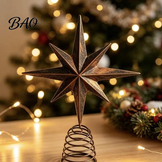 Rustic Iron Tree Decoration Distressed Metal Eight-pointed Star Christmas Topper with Stable Spiral Matte Finish Spring Base, Vintage Ornament
