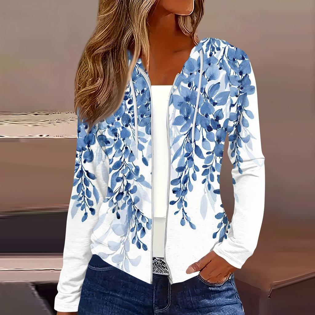 Women's Fashion Casual Zip Up Hooded Print Long Sleeve Sweatshirts Coat