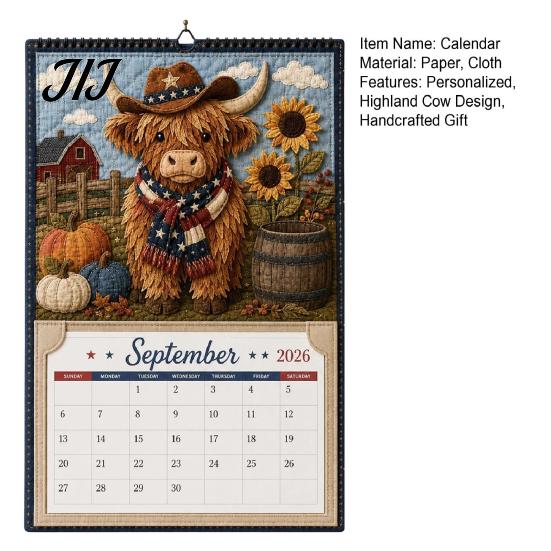 Creative Decompression Activity Highland Cow Farmhouse Calendar DIY Kit for 12 Months, Handmade Personalized Wall Paper And Cloth Craft Set,