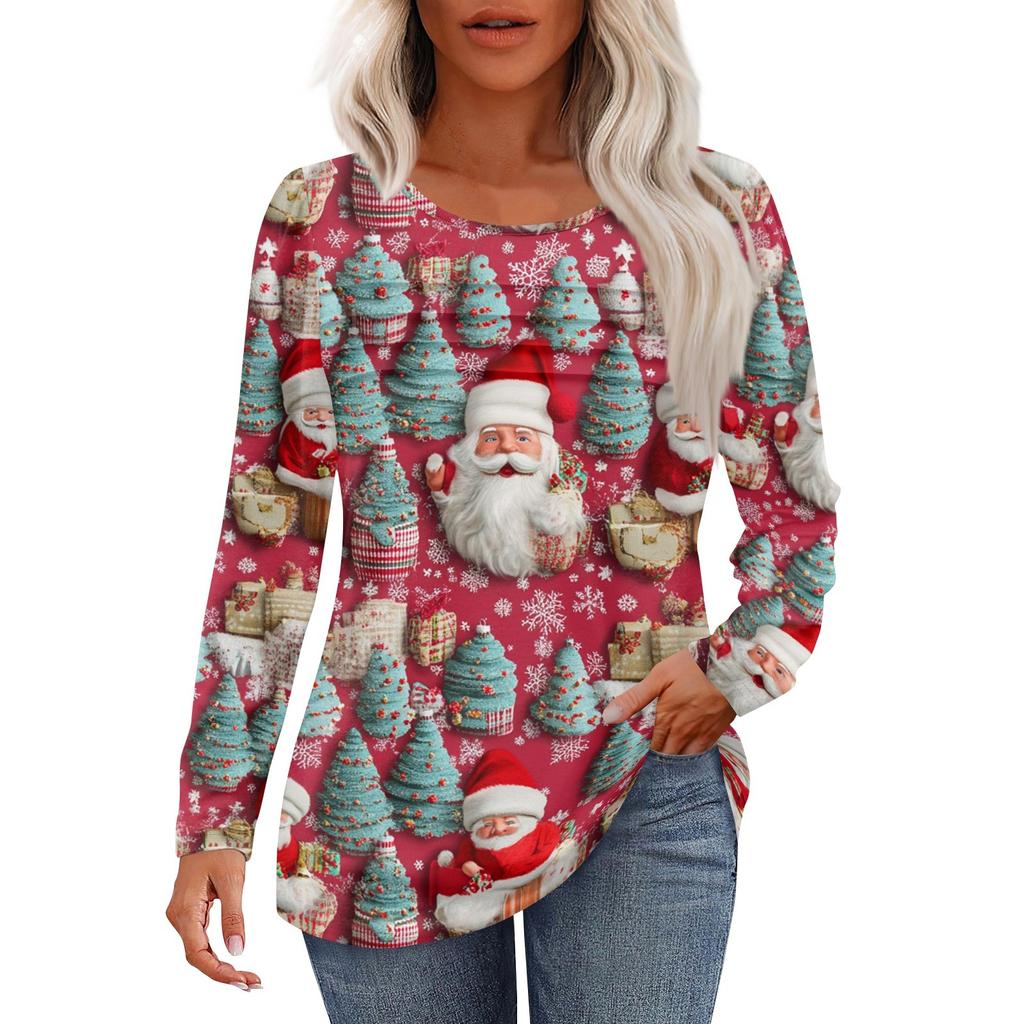 Женская повседневная мода рождественский принт круглый вырез плиссированный длинный рукав топ