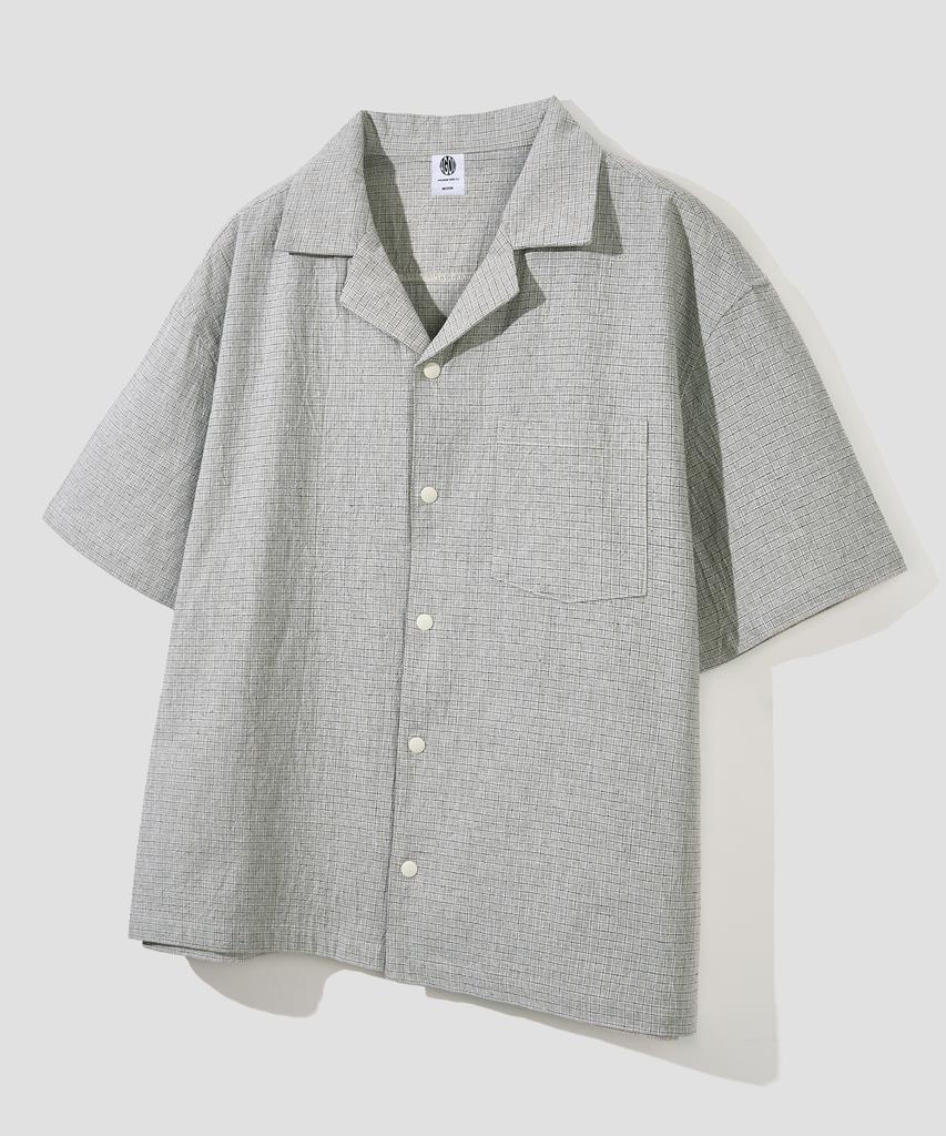 AGOD Open Collar Check Half Shirt [Beige]