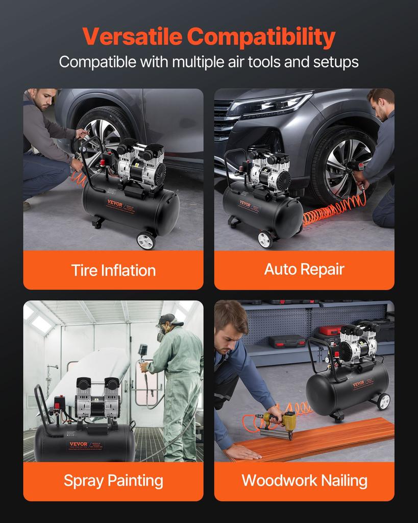 VEVOR Air Compressor, 15 Gallon Steel Tank, 2HP 5.3 CFM@90 PSI Oil Free Air Compressor & Max. 125PSI Pressure