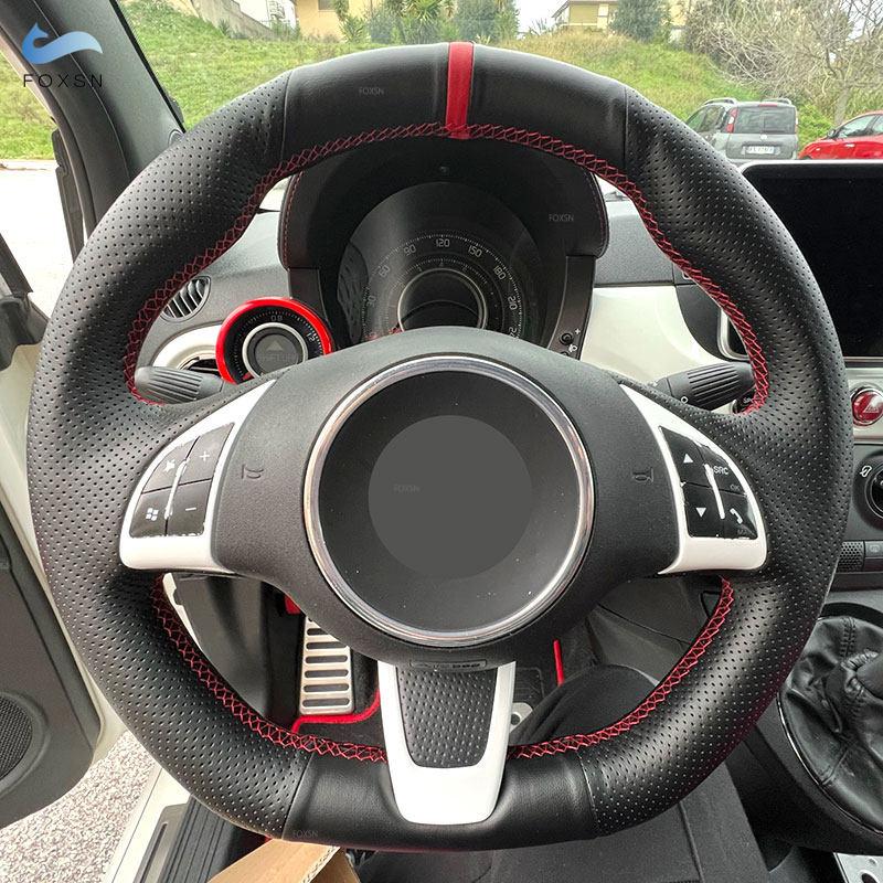Для Fiat 500 500C 2013-2015 для Abarth 500 500C 595 595C 2009-2016 автомобильный чехол на руль черная кожа красная линия красная полоска