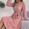 Spring Summer Women Long Sleeve O-Neck Floral Pleated High Waist A Line Long Dress