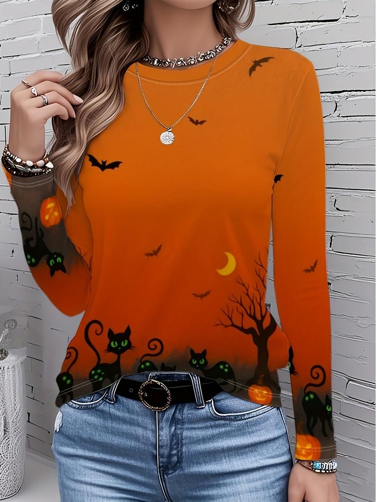 Fashion Women's T-Shirt Halloween Theme Print Tee Casual Autumn Holiday Fashion Long Sleeve T-Shirts Casual Loose Women's Tops