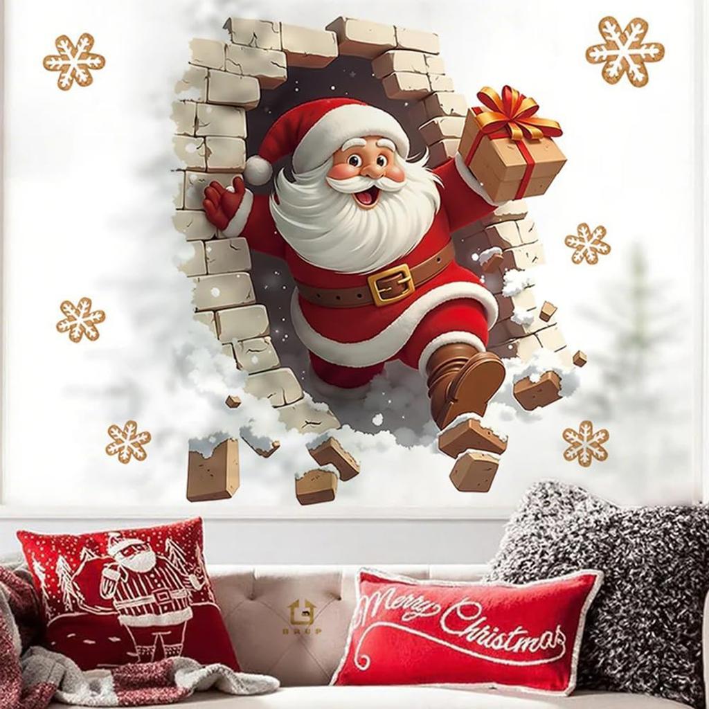 Santa Breaking Through The Wall 3D Effect Wall Sticker, Christmas Sticker With Cartoon Design, New Creative Christmas Wall Sticker.