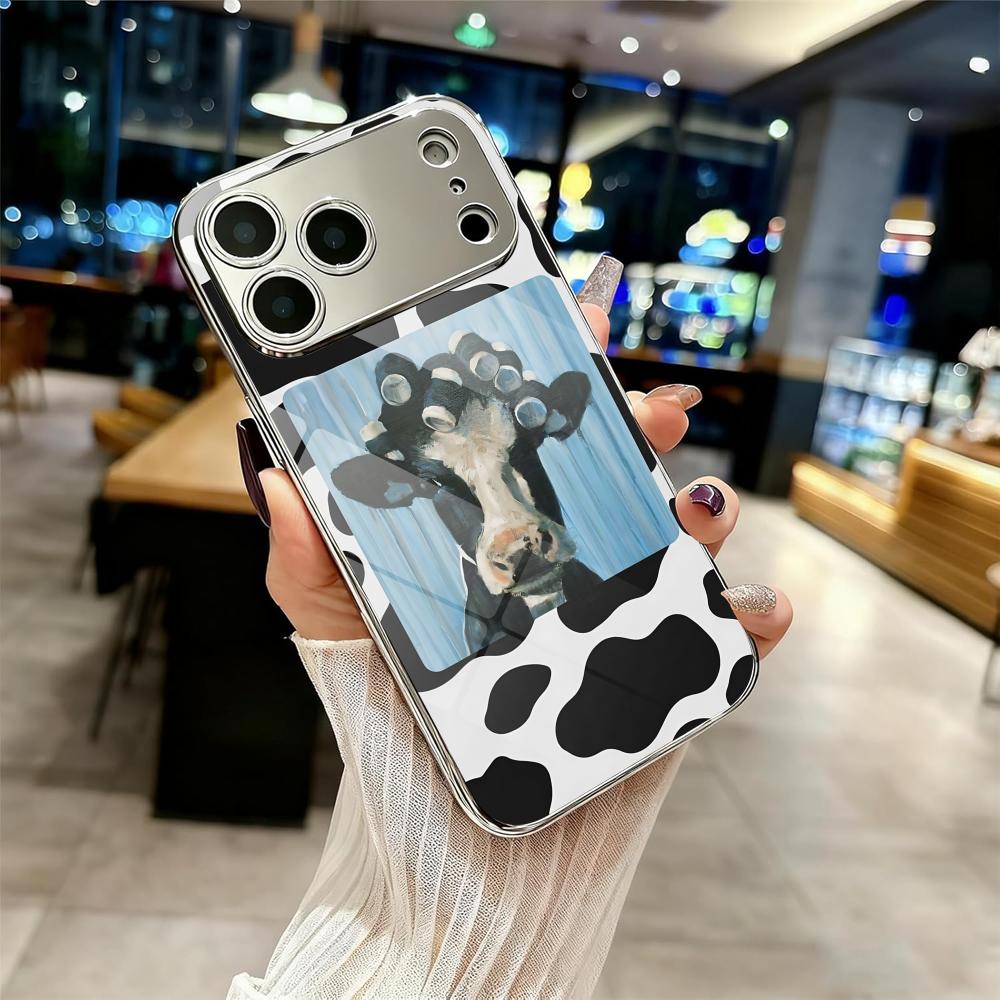 Funny Cow Fashion Phone Case For iPhone 17 16 15 14 13 12 Pro Max Plus Electroplated Metal Shockproof Bumper Case Glass Back