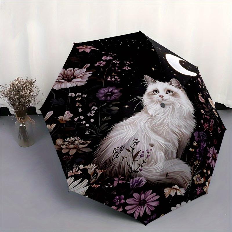 1pc Starry Sky and White Cat Automatic 3-Fold Umbrella Design, Cute Cartoon Pattern, Portable Outdoor Umbrella, Perfect, Holiday Gift for Disney fans.
