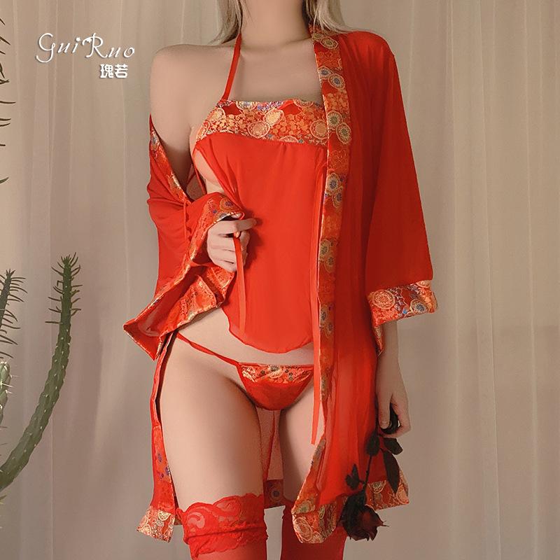 Women's Red Sheer Mesh Chinese Style Kimono Bridal Role Play Costume Lingerie Set