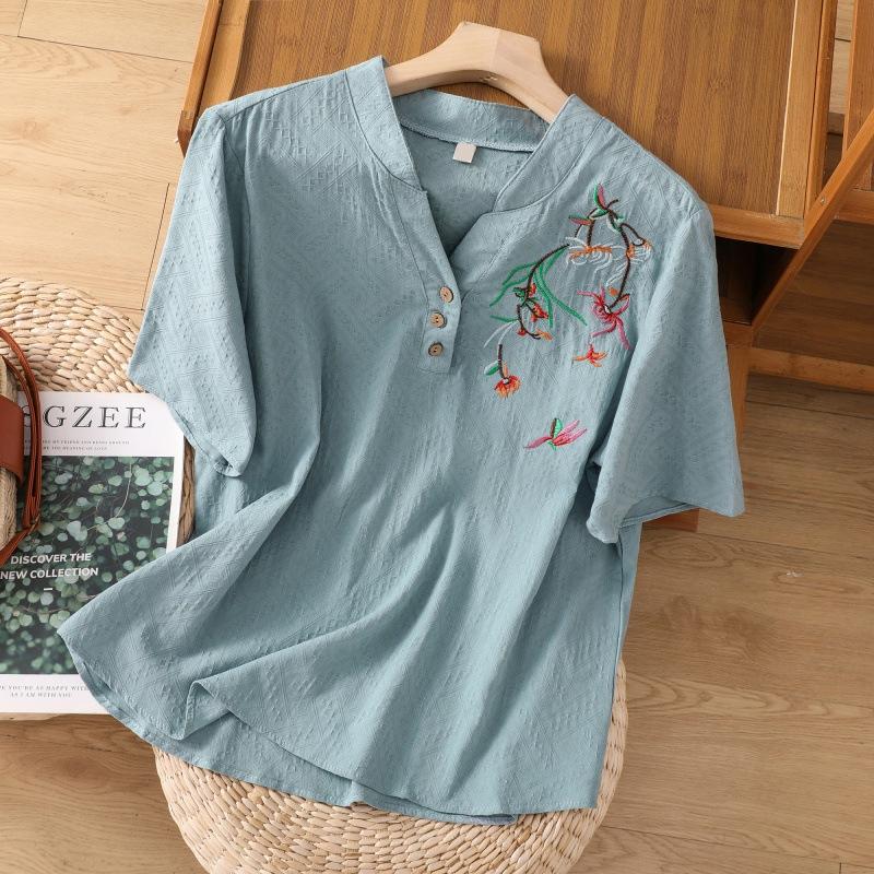 Женская футболка с коротким рукавом, летняя, из хлопка и льна, повседневная, с V-образным вырезом, вышитая блузка