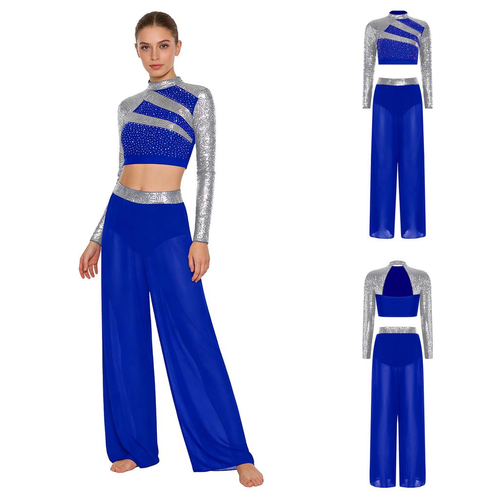 Двухкомпонентный сценический танцевальный наряд для женщин S-XXL: Топ с пайетками и воротником-стойкой и струящиеся брюки с разрезами по бокам, идеально подходят для соревнований